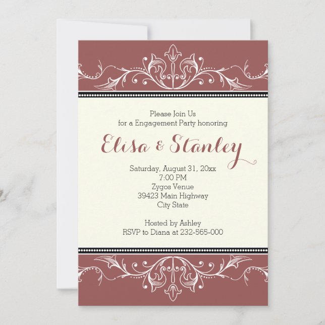 Black ornamental border marsala engagement party invitation (Front)