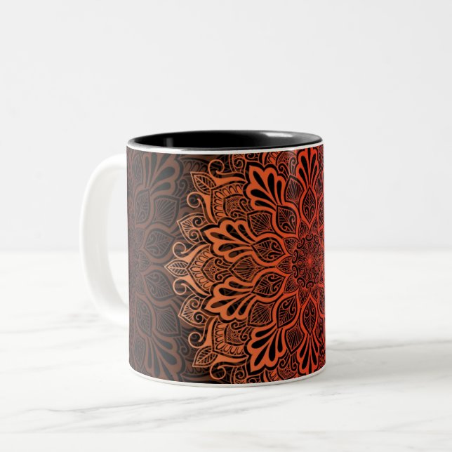 Black Ornamental Floral Pattern Two-Tone Coffee Mug (Front Left)