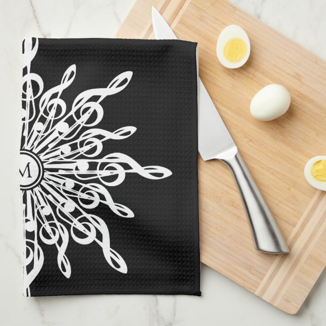 Black Ornamental Treble Clef Monogram Tea Towel (Quarter Fold)