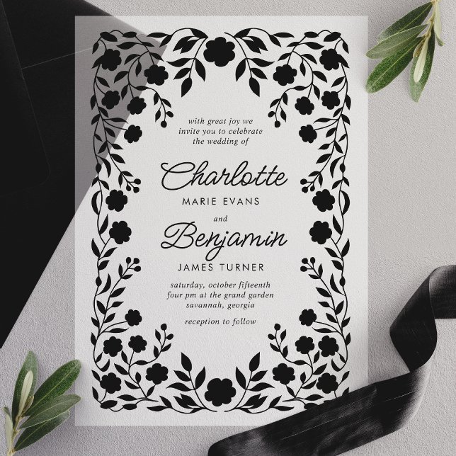 Black Ornate Floral Border Frame Wedding  Vellum Invitations (Creator Uploaded)