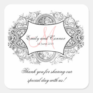 Black Ornate Frame Pink Monogram Wedding Thank You Square Sticker