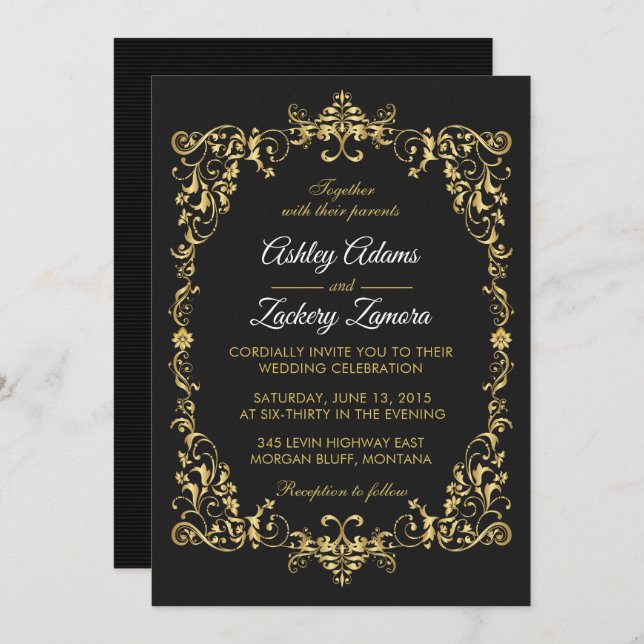 Black Ornate Gold Scroll Border Wedding Invitation (Front/Back)