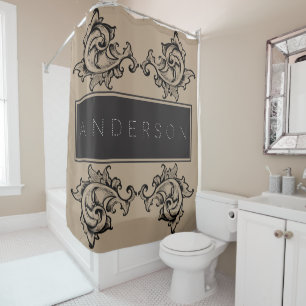 Black Ornate Leaves Glam Rocker - Personalised Shower Curtain