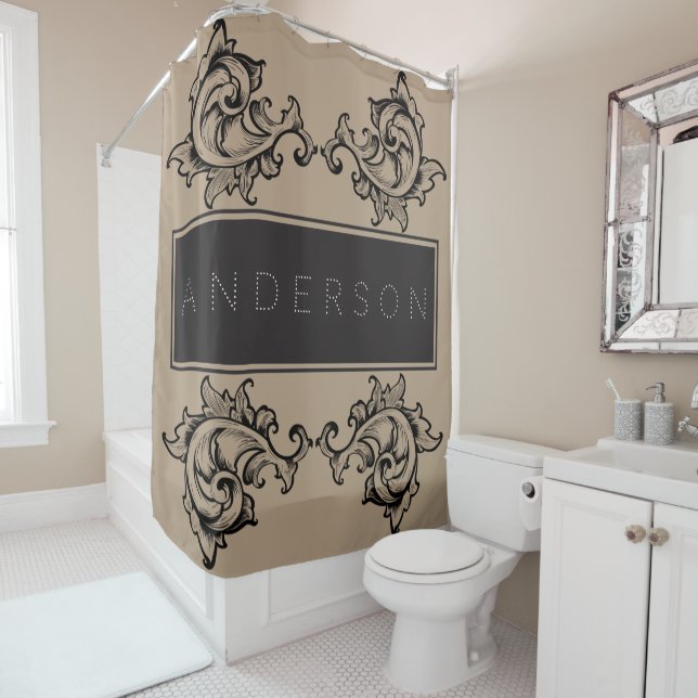 Black Ornate Leaves Glam Rocker - Personalised Shower Curtain (In Situ)