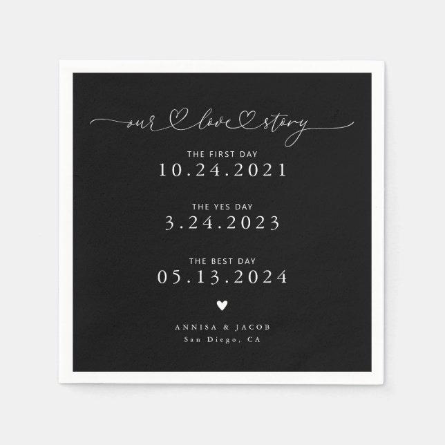 Black Our Love Story Script Hearts Wedding Napkin (Front)