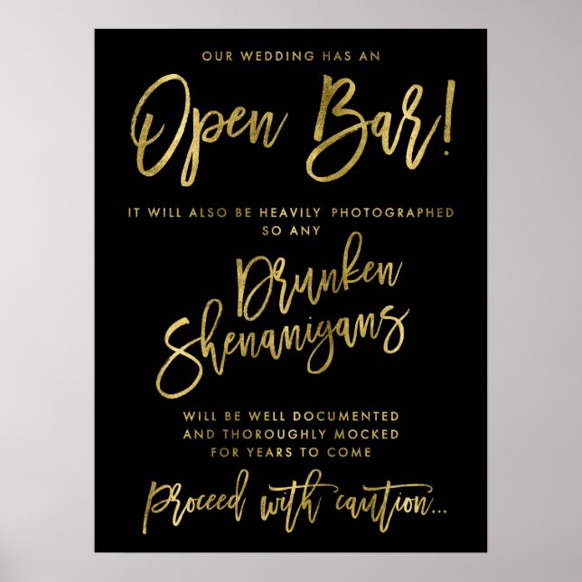 Black Our Wedding Has An Open Bar Sign Golden (Front)
