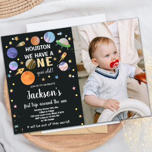 Black Outer Space Birthday Invitations with photo