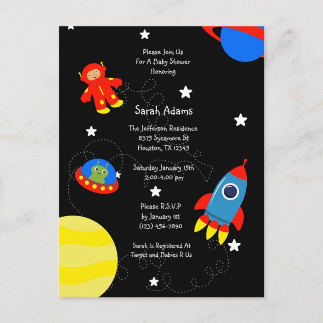 Black Outer Space UFO Baby Shower Postcard (Front)