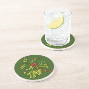 Black Outline Art Of Christmas Holly Cut Out Coaster