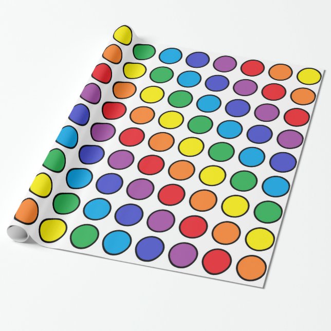 Black Outlined Rainbow Polka Dots Wrapping Paper (Unrolled)