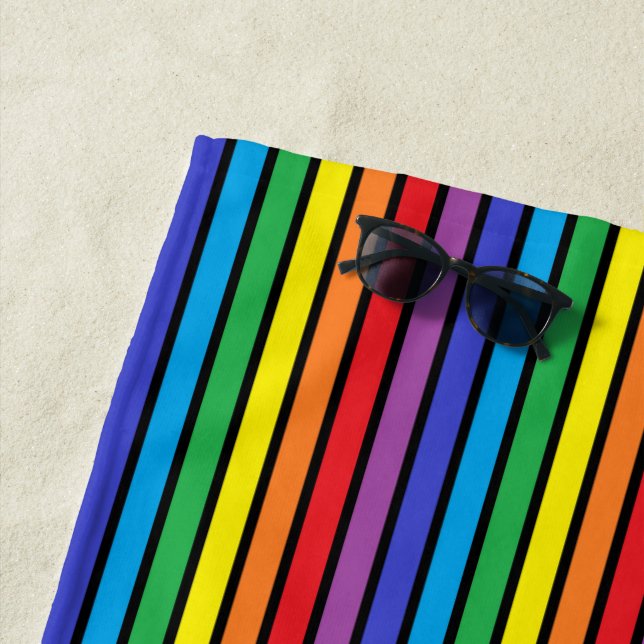 Black Outlined Rainbow Stripes Beach Towel (In Situ)