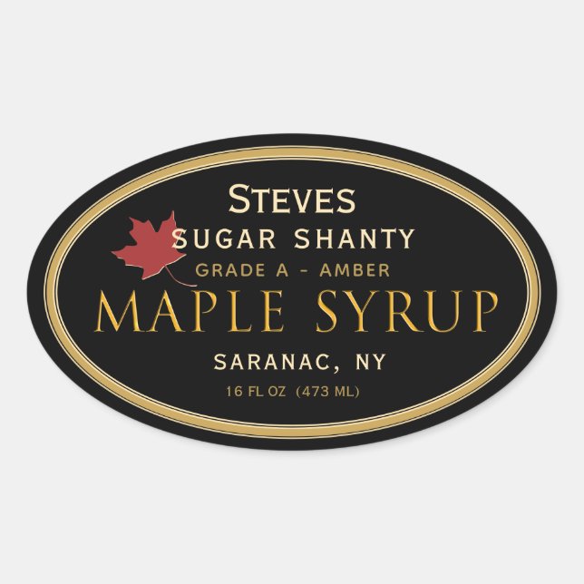Black Oval Maple Syrup Label with Red Leaf (Front)