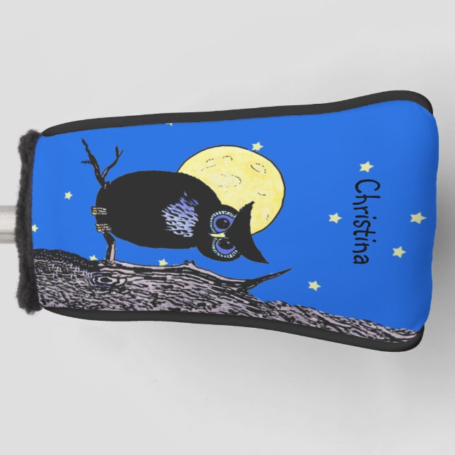 Black Owl Blue Eyes In Tree Moon Stars Golf Head Cover (Front)