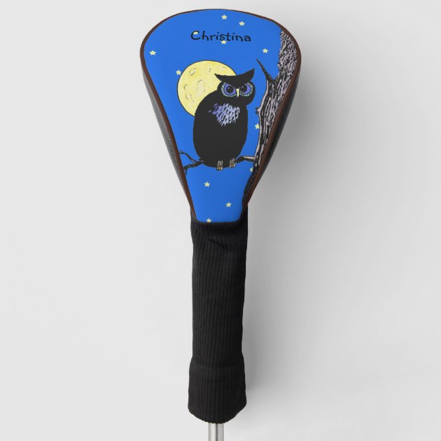 Black Owl in Night Sky Tree Moon Stars Golf Head Cover (Front)