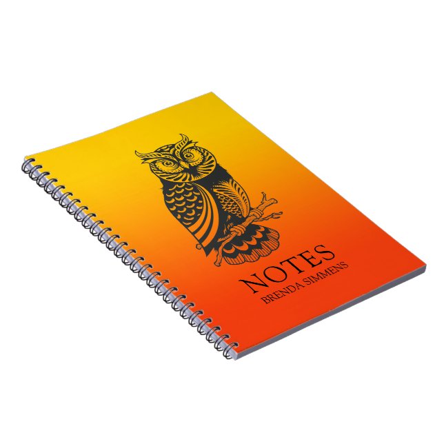 Black Owl on yellow and orange ombre background Notebook (Right Side)