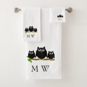 Black Owls Design Monogrammed Bath Towel Set