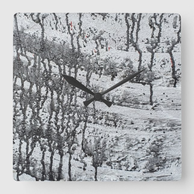 black paint drip on concrete square wall clock (Front)