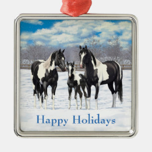 Black Paint Horses In Snow Metal Tree Decoration