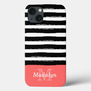 Black Paint Stripes Pattern with Coral Monogram Ca iPhone 13 Case