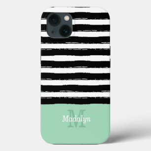 Black Paint Stripes Pattern with Mint Monogram Cas iPhone 13 Case
