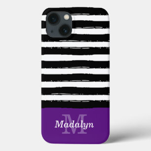 Black Paint Stripes Pattern with Violet Monogram iPhone 13 Case