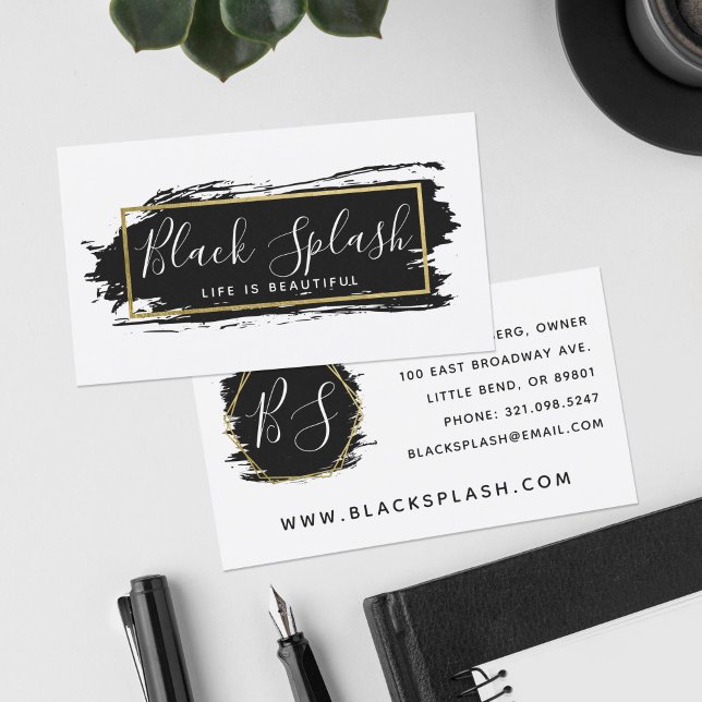 Black Paint Stroke & Modern Gold Geometric Chic Business Card (Creator Uploaded)
