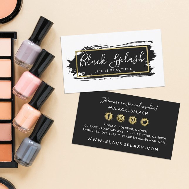 Black Paint Stroke & Modern Gold Social Networking Business Card (Creator Uploaded)