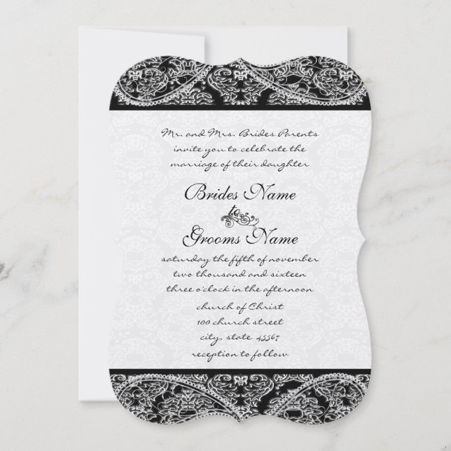 Black Paisley Damask Wedding Invitation (Front)