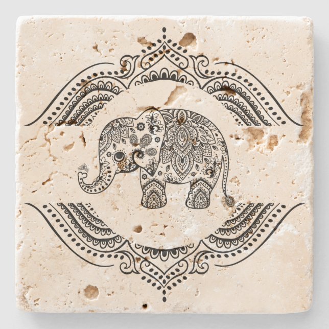 Black Paisley Elephant & Floral Lace Stone Coaster (Front)