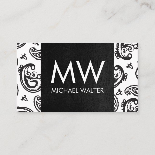 Black Paisley Flower Pattern | Black Leather Business Card (Front)