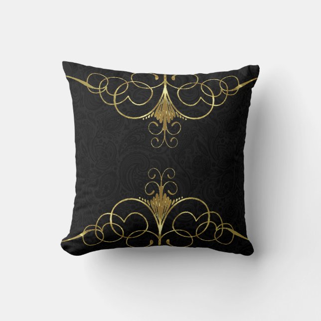 Black paisley & gold swirly frame cushion (Front)