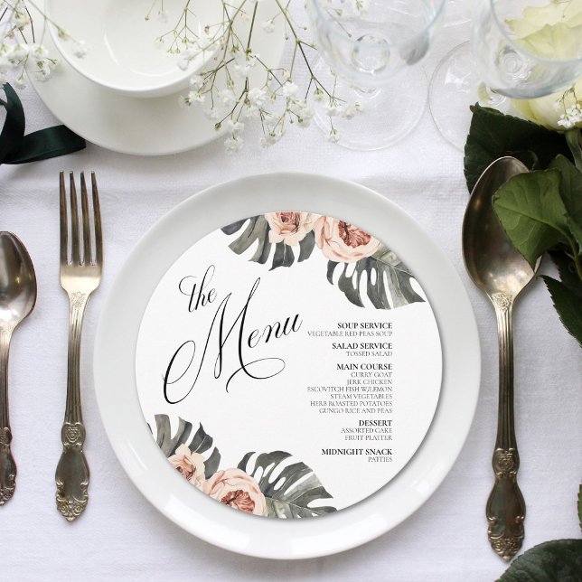 Black Palm Circle Menu (Unique round wedding menu with a modern tropical theme. Perfect for your destination nuptials.)
