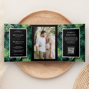 Black Palm Leaves Tropical QR Code Wedding Tri-Fold Invitation