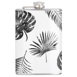 Black palm leaves: vintage seamless. hip flask
