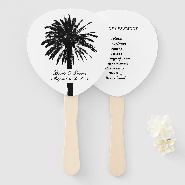Black palm tree beach wedding ceremony program hand fan (Front and Back)