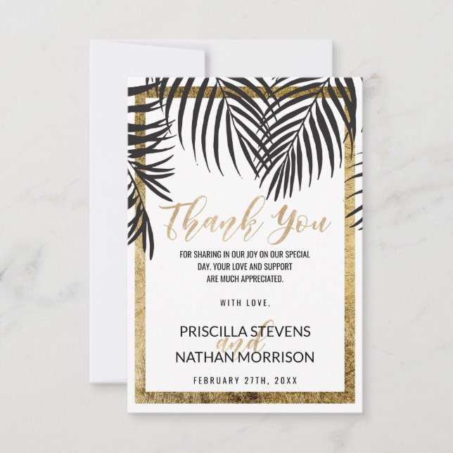 Black Palm Tree Fronds Gold Border Modern Thank You Card (Front)