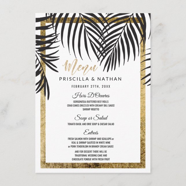Black Palm Tree Fronds Gold Border Modern Wedding Menu (Front)