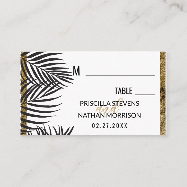 Black Palm Tree Fronds Gold Border Modern Wedding Place Card (Front)