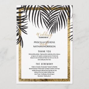 Black Palm Tree Fronds Gold Border Modern Wedding Programme