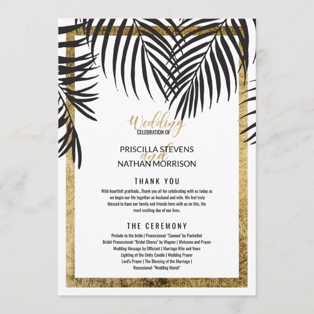 Black Palm Tree Fronds Gold Border Modern Wedding Programme (Front)