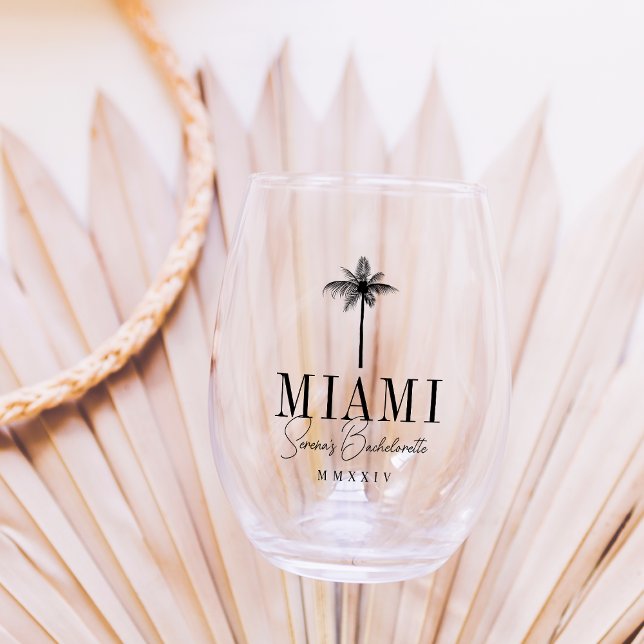 Black Palm Tree Personalised Bachelorette Party Stemless Wine Glass (Creator Uploaded)