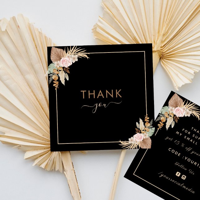 Black Pampas Grass Dried Palm Floral Thank You Square Business Card (Creator Uploaded)