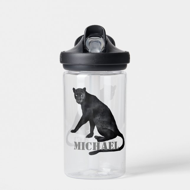 Black Panther Cat Leopard Personalised  Water Bottle (Front)