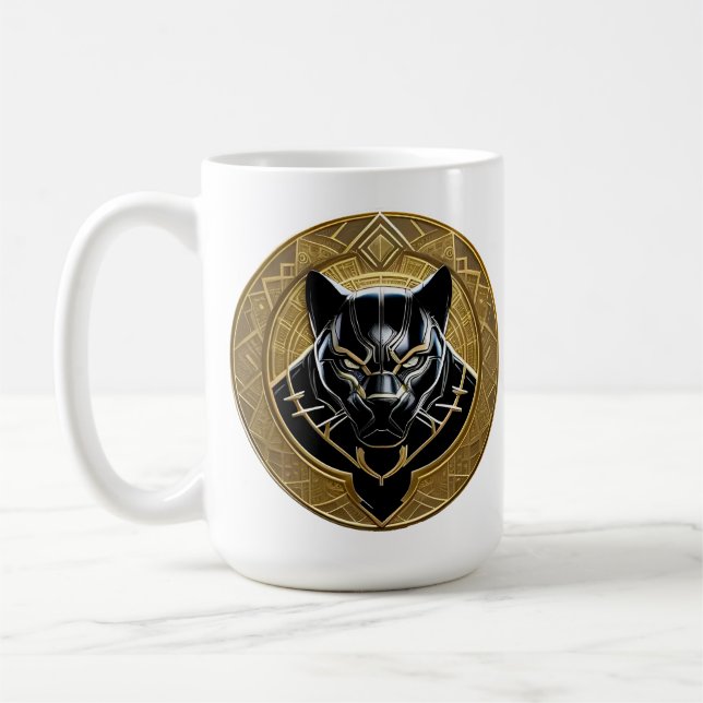 Black Panther Icon With Golden Geometric Backdrop Coffee Mug (Left)