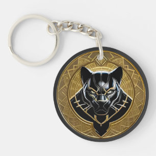 Black Panther Icon With Golden Geometric Backdrop Key Ring