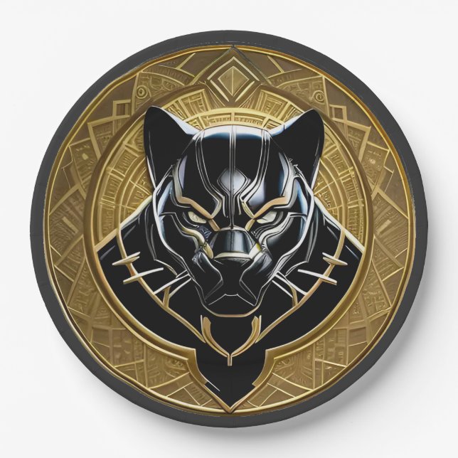Black Panther Icon With Golden Geometric Backdrop Paper Plate (Front)
