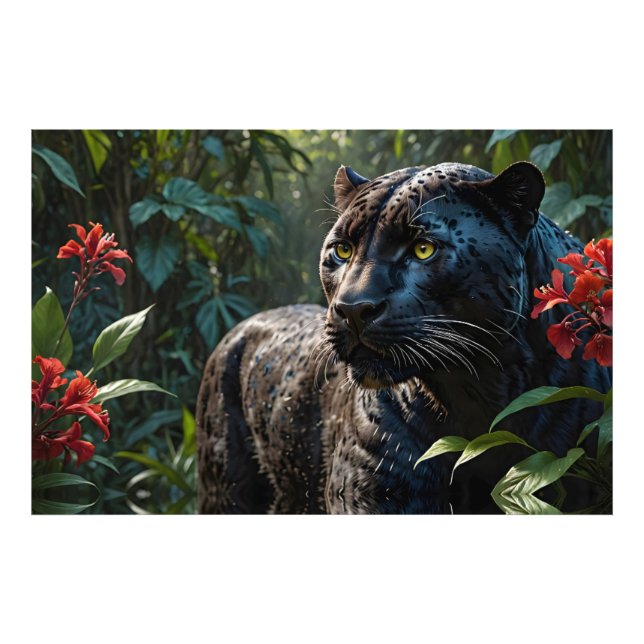 Black Panther - Jaguar in Jungle Red Flowers Photo Print (Front)
