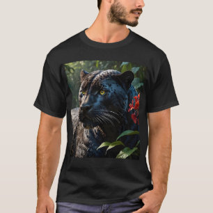 Black Panther - Jaguar in Jungle Red Flowers T-Shirt