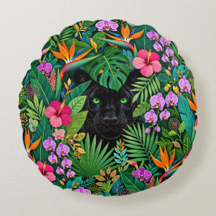 Black Panther Jungle Flowers & Tropical Foliage Round Cushion
