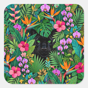 Black Panther Jungle Flowers & Tropical Foliage Square Sticker